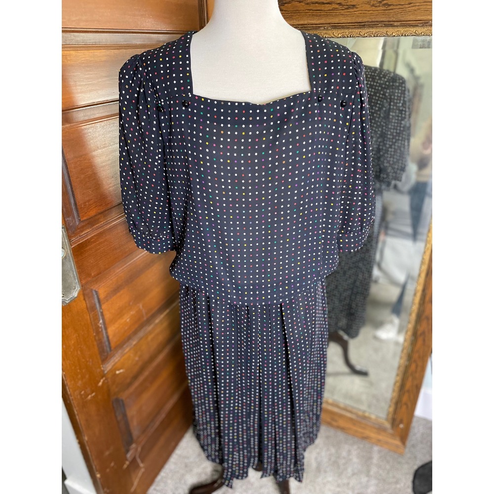 Vintage J.B. Too 70s Black Confetti Print Square Neck Midi Dress Size 18